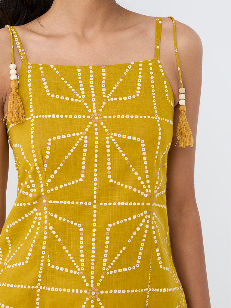 Utsa Mustard Geometric Printed Cotton Tunic