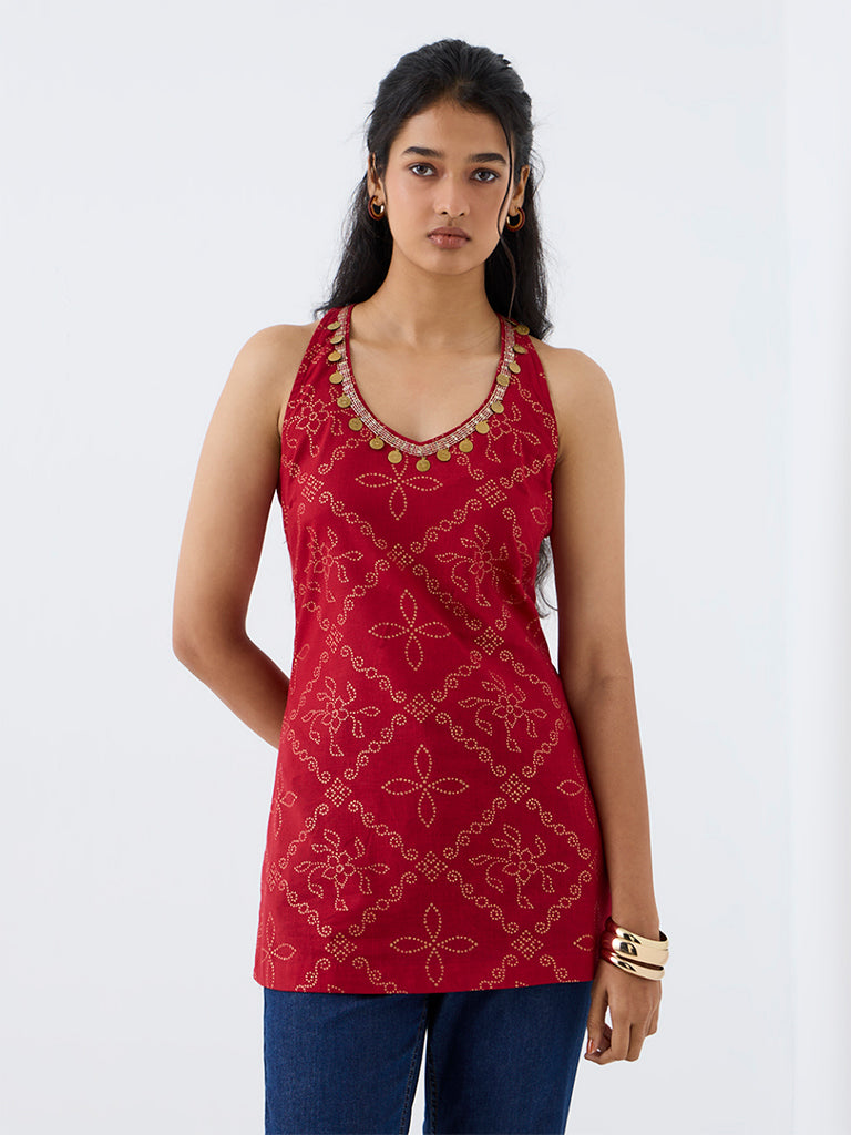 Utsa Red Bandhani Printed Halter-Neck Cotton Kurti