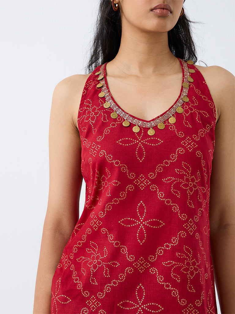 Utsa Red Bandhani Printed Halter-Neck Cotton Kurti