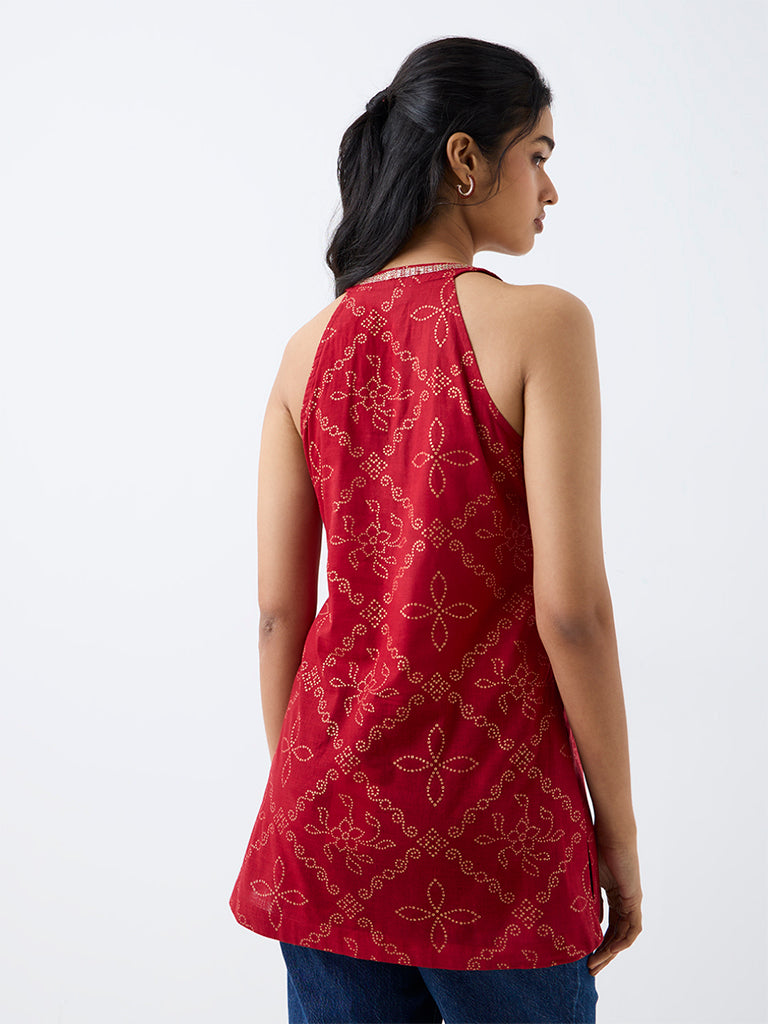 Utsa Red Bandhani Printed Halter-Neck Cotton Kurti