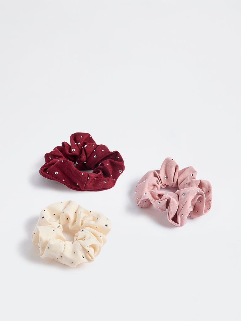 Studiowest Multicolour Rhinestone Scrunchies - Pack of 3