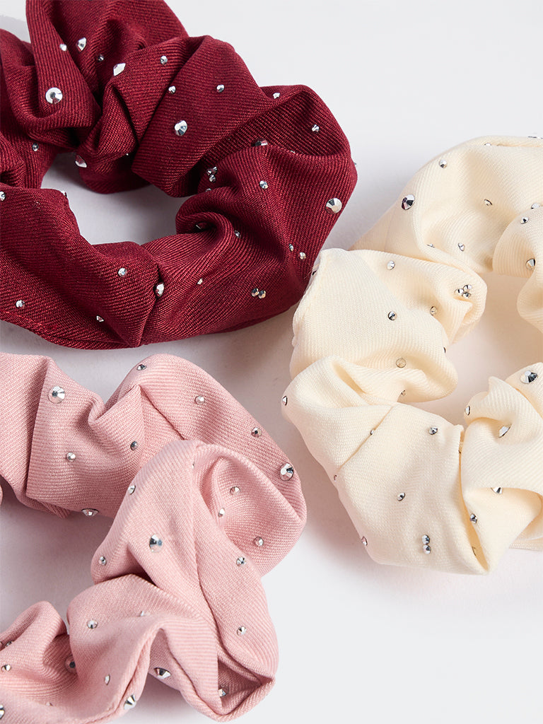 Studiowest Multicolour Rhinestone Scrunchies - Pack of 3