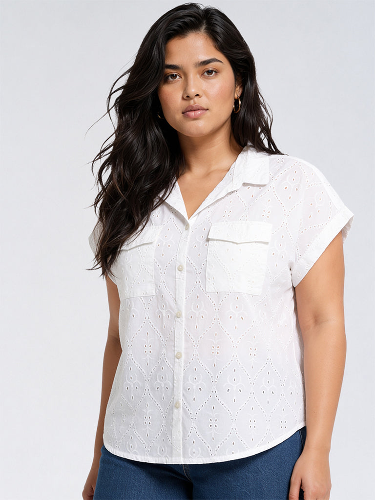 Gia White Schiffli Detailed Cotton Shirt