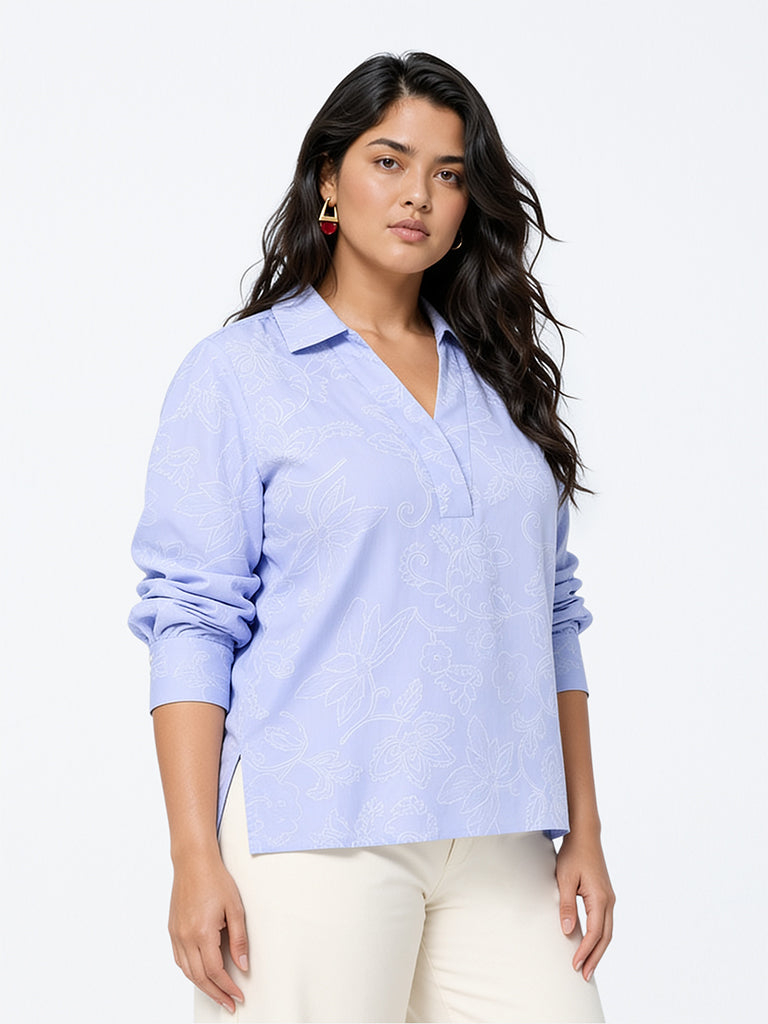 Gia Light Blue Floral Embroidered High-Low Blouse