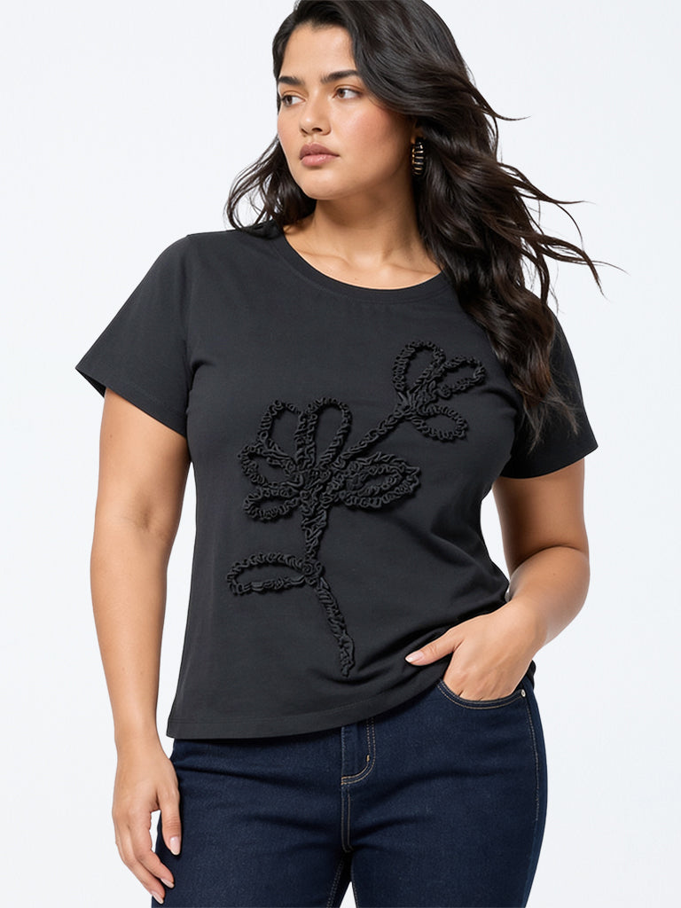 Gia Dark Grey Floral Embroidered Cotton T-Shirt