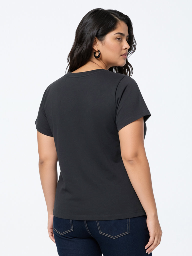 Gia Dark Grey Floral Embroidered Cotton T-Shirt