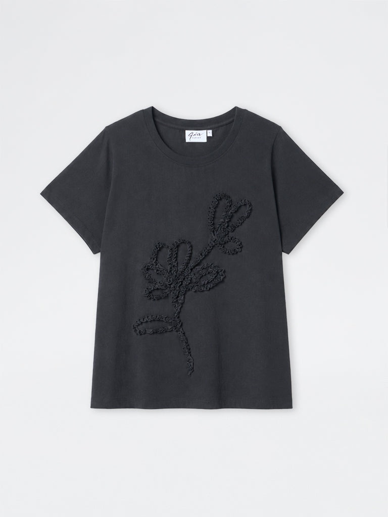 Gia Dark Grey Floral Embroidered Cotton T-Shirt