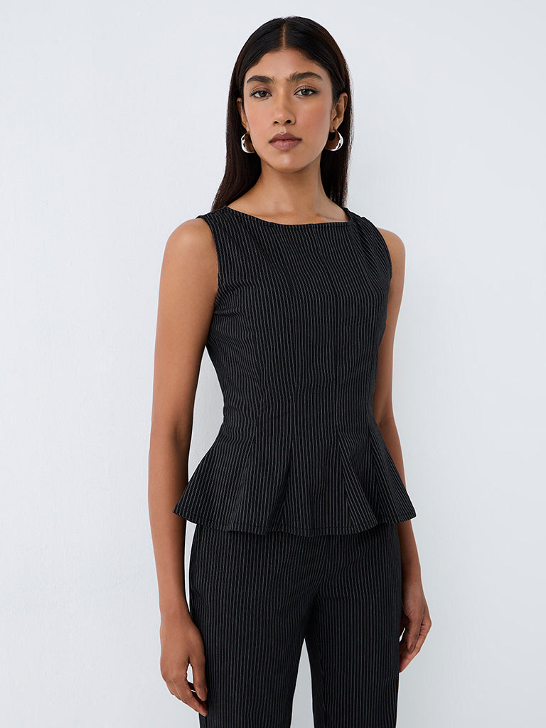 Wardrobe Black Pinstriped Peplum Top