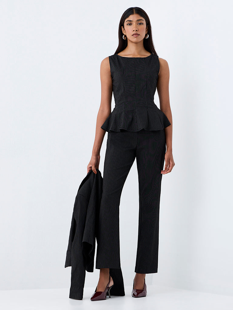 Wardrobe Black Pinstriped Peplum Top
