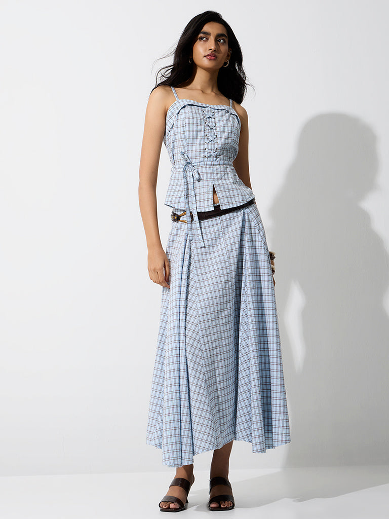 LOV Light Blue Checkered Criss-Cross Cotton Top with Belt