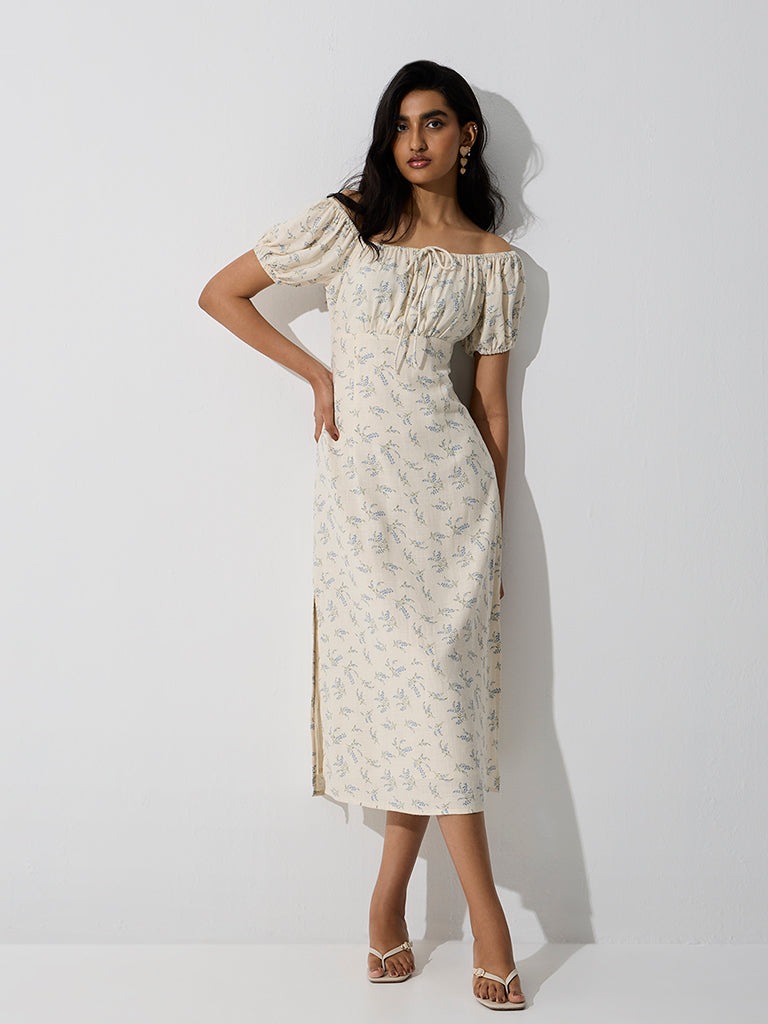 LOV Off-White Off-Shoulder Linen-Blend Straight Dress