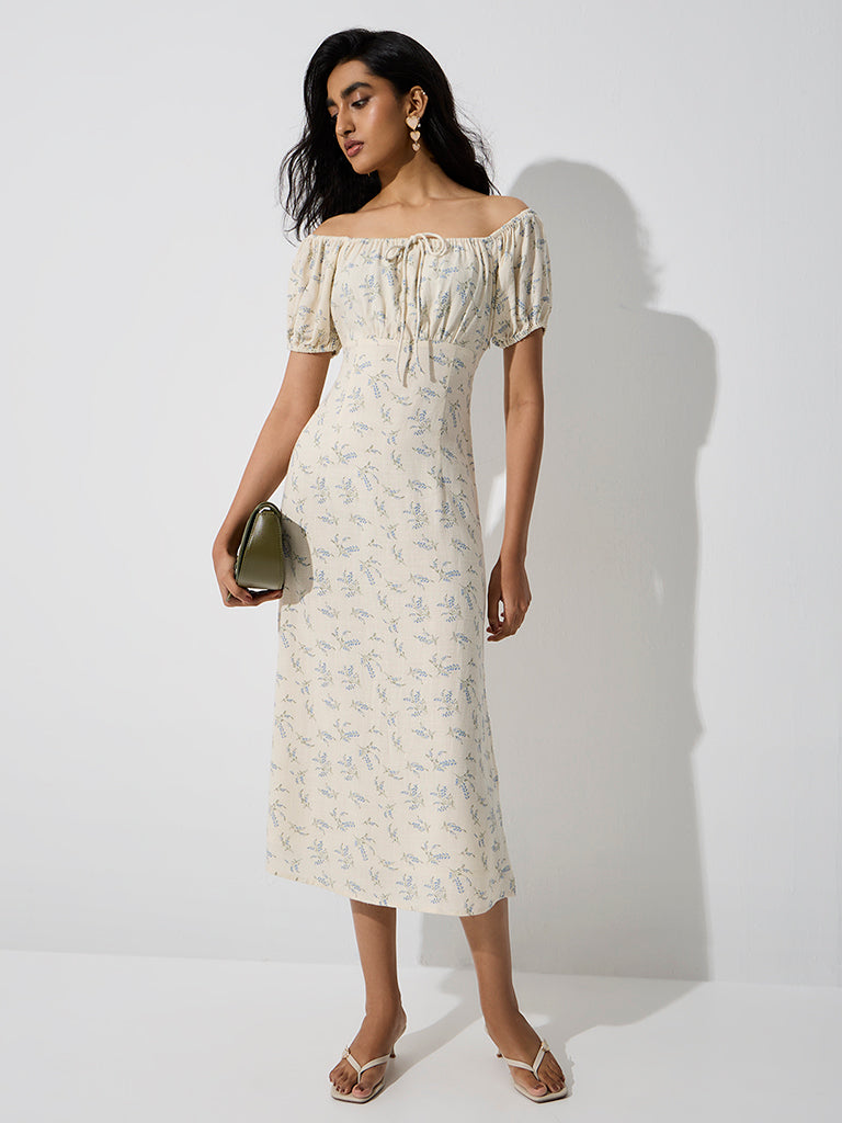 LOV Off-White Off-Shoulder Linen-Blend Straight Dress