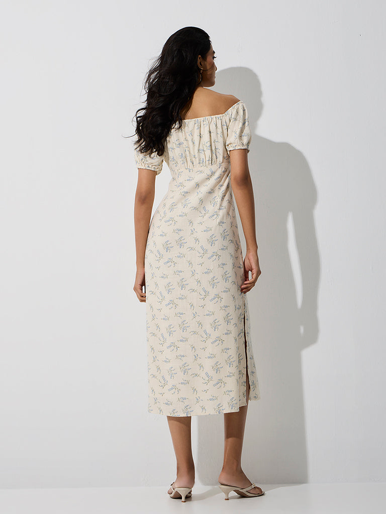 LOV Off-White Off-Shoulder Linen-Blend Straight Dress