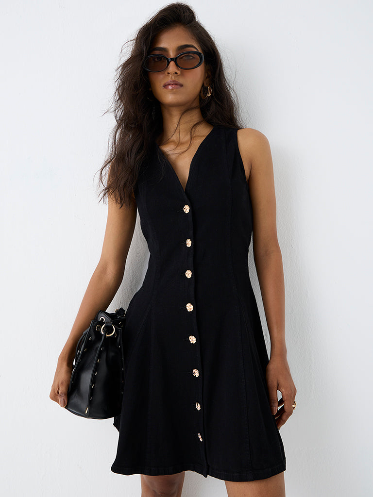 LOV Black Solid Denim A-Line Dress