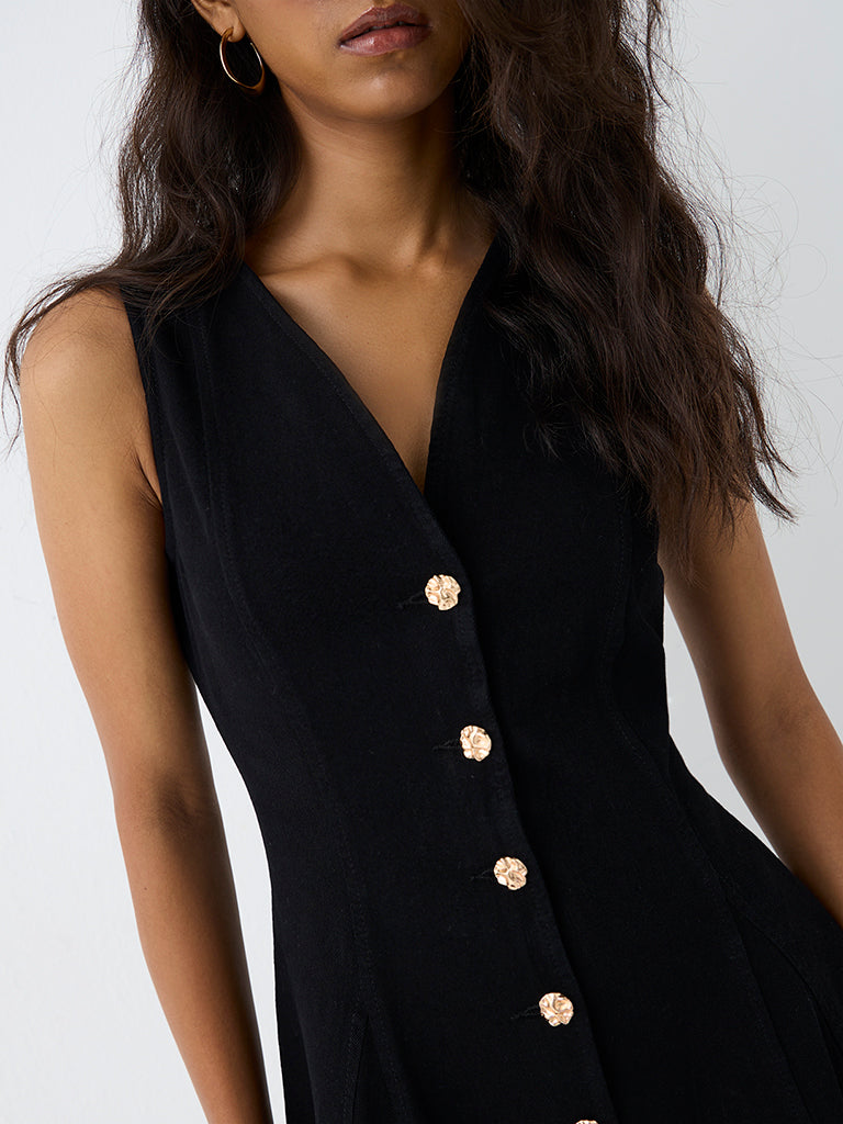 LOV Black Solid Denim A-Line Dress