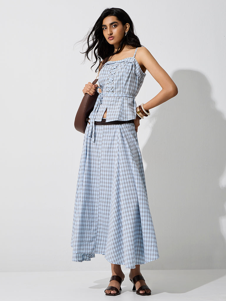 LOV Light Blue Checkered High-Rise Skirt
