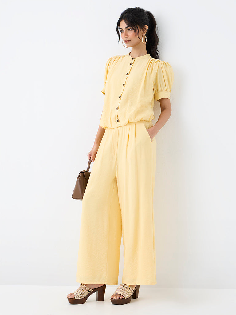 LOV Yellow Crinkle-Textured High-Rise Pants