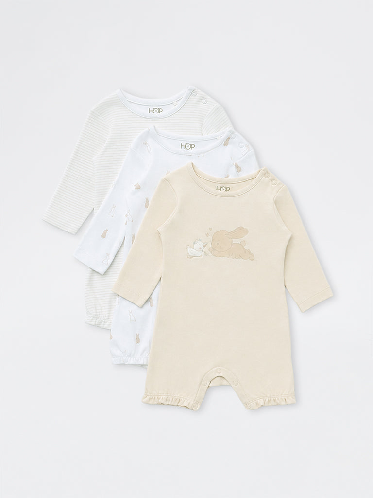 HOP Baby Girls White Animal Printed Cotton Rompers - Pack of 3