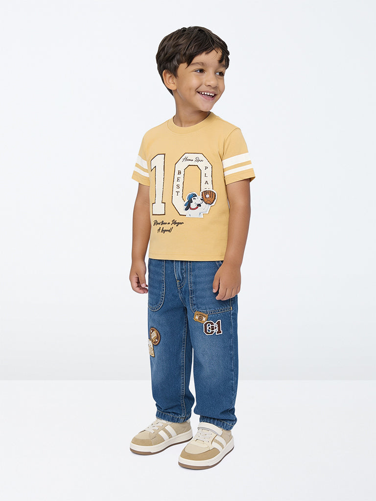 HOP Kids Boys Yellow Numerical Printed Cotton T-Shirt