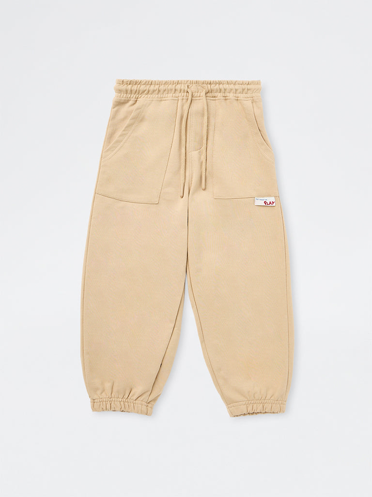 HOP Kids Boys Beige Solid Mid-Rise Cotton Joggers