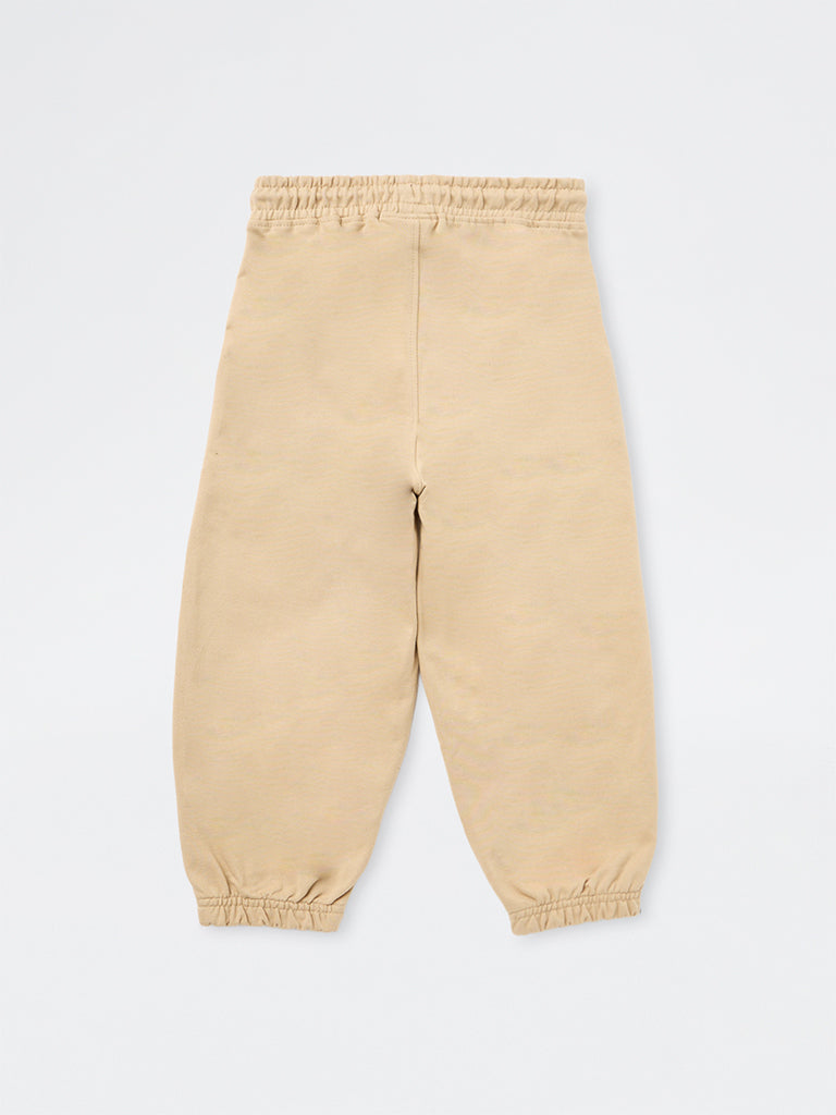 HOP Kids Boys Beige Solid Mid-Rise Cotton Joggers