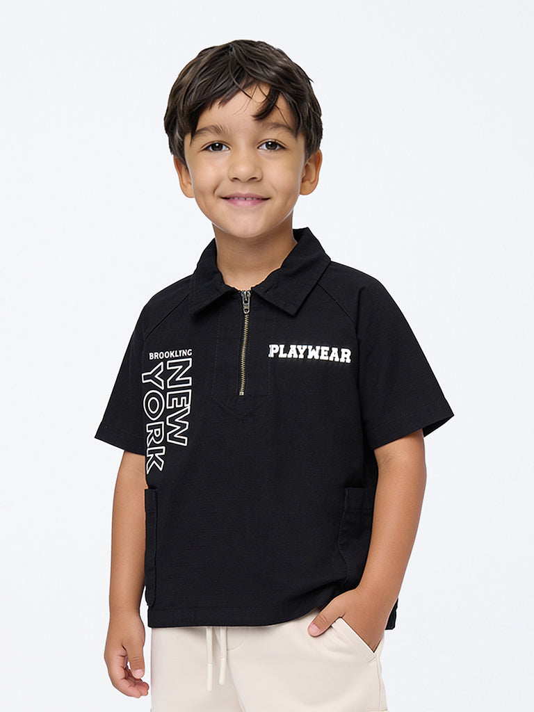 HOP Kids Boys Black Typographic Quarter-Zip Cotton Shirt