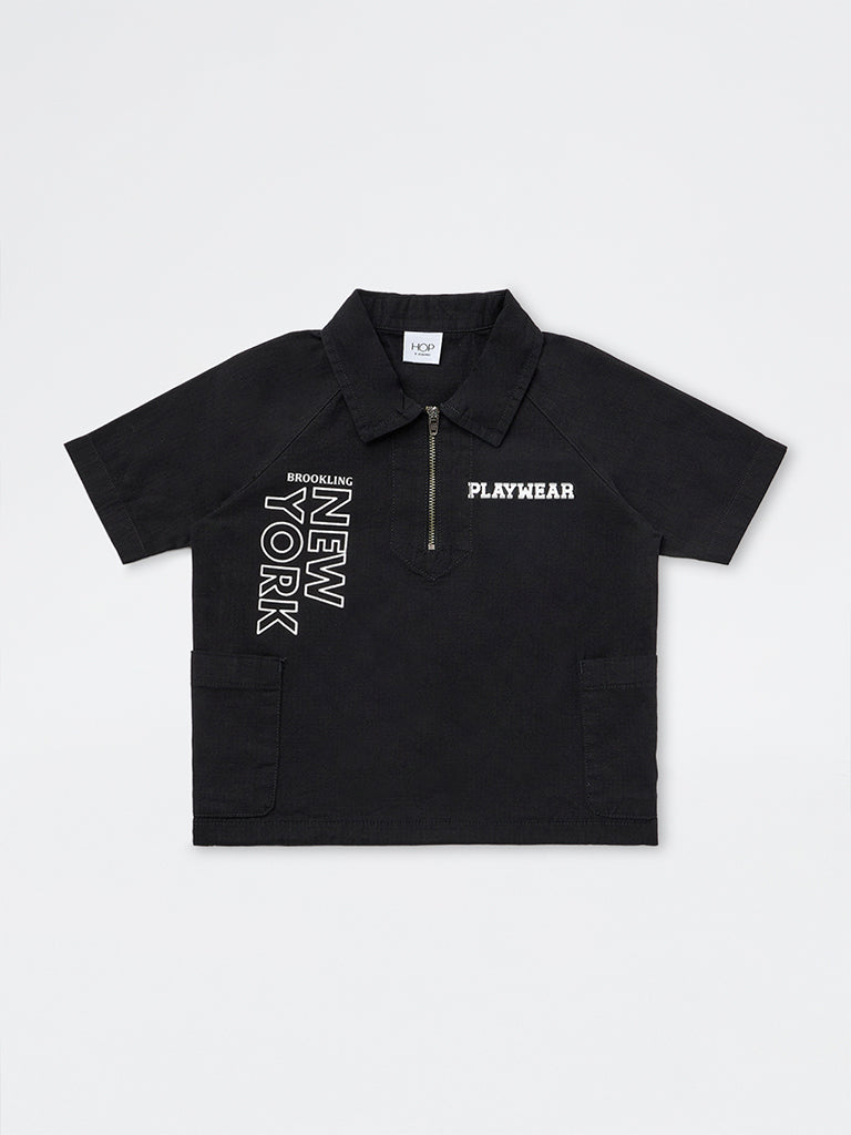 HOP Kids Boys Black Typographic Quarter-Zip Cotton Shirt