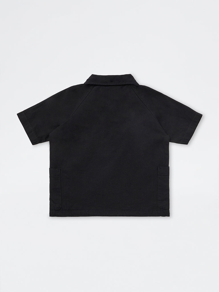 HOP Kids Boys Black Typographic Quarter-Zip Cotton Shirt