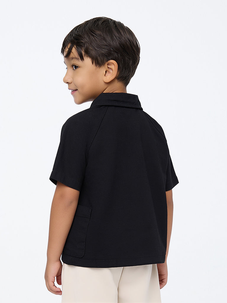 HOP Kids Boys Black Typographic Quarter-Zip Cotton Shirt