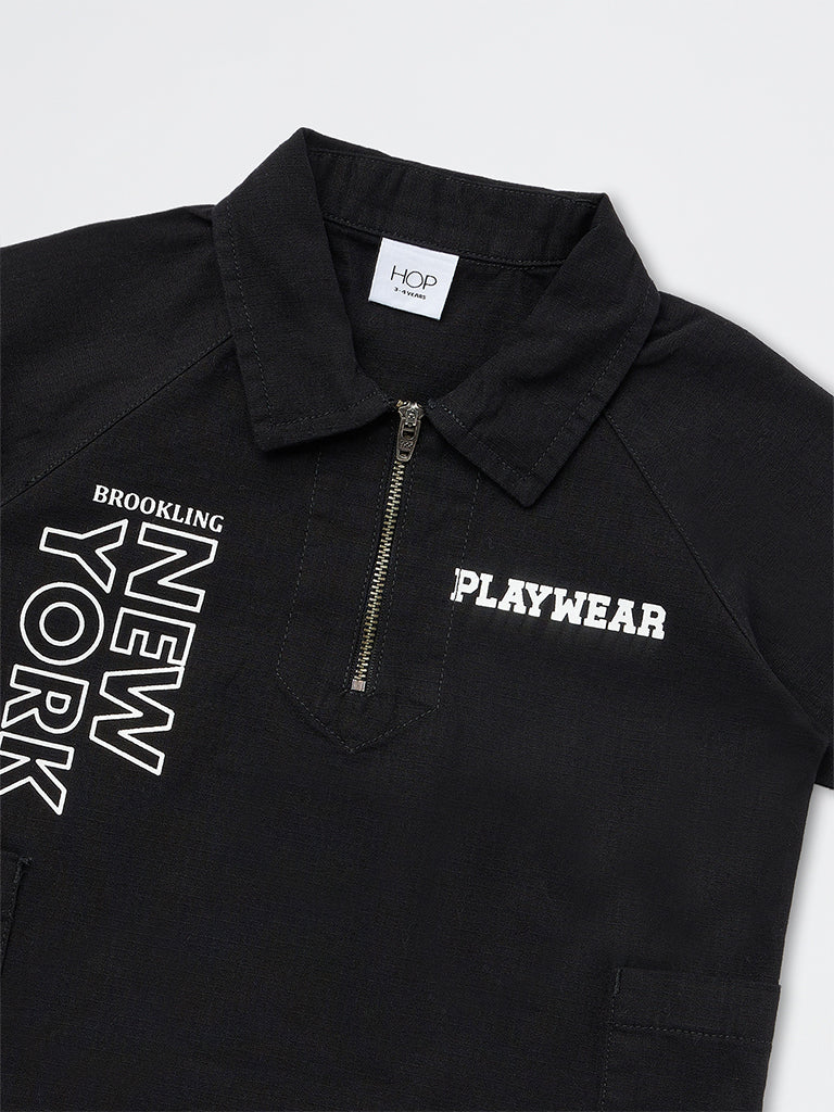 HOP Kids Boys Black Typographic Quarter-Zip Cotton Shirt