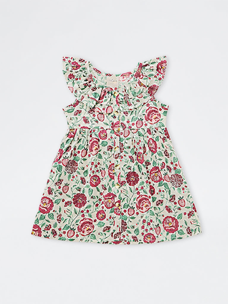 Utsa Kids Girls Multicolour Floral Cotton A-Line Dress - (2-8 yrs)