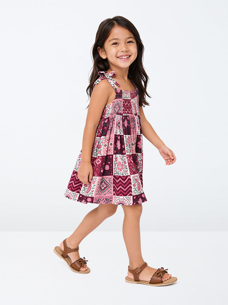 Utsa Kids Girls Red Patchwork Pattern Fit-and-Flare Dress - (2 -8 yrs)