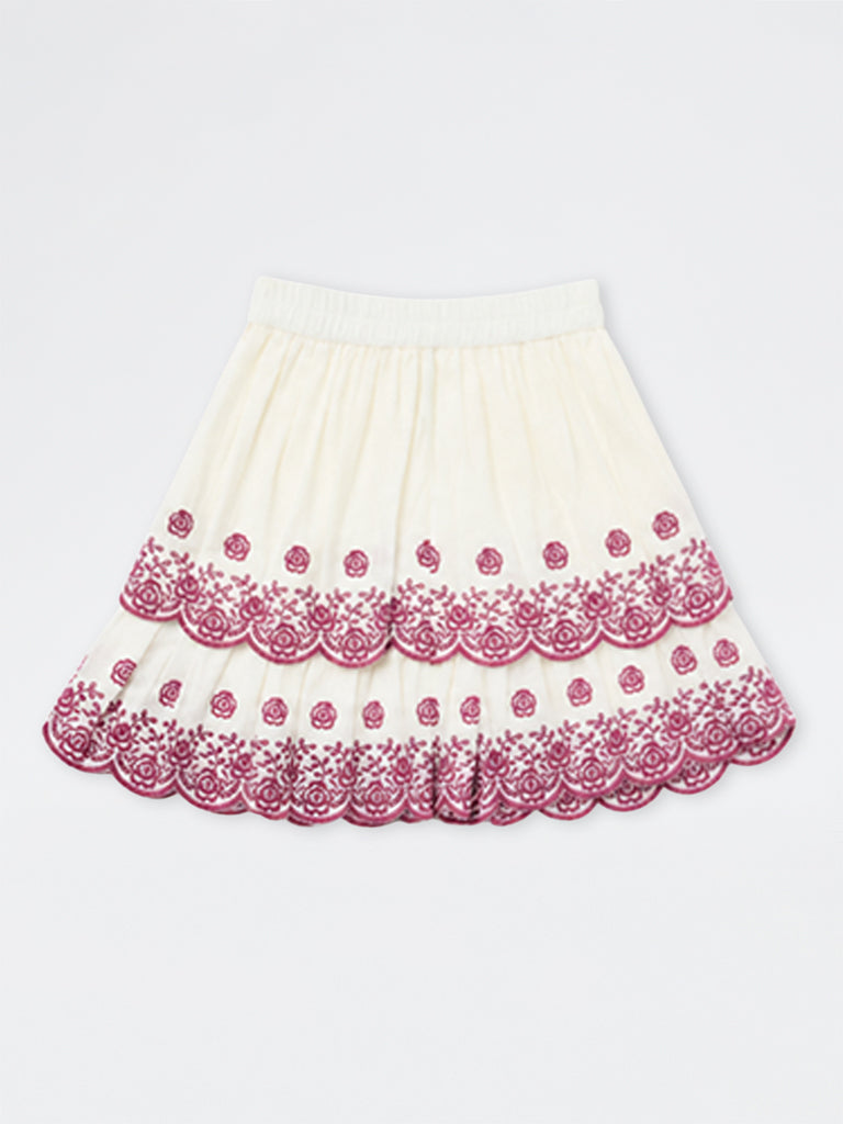 Utsa Kids Girls Off-White Floral Embroidered Tiered Cotton Skirt - (8 -14 yrs)