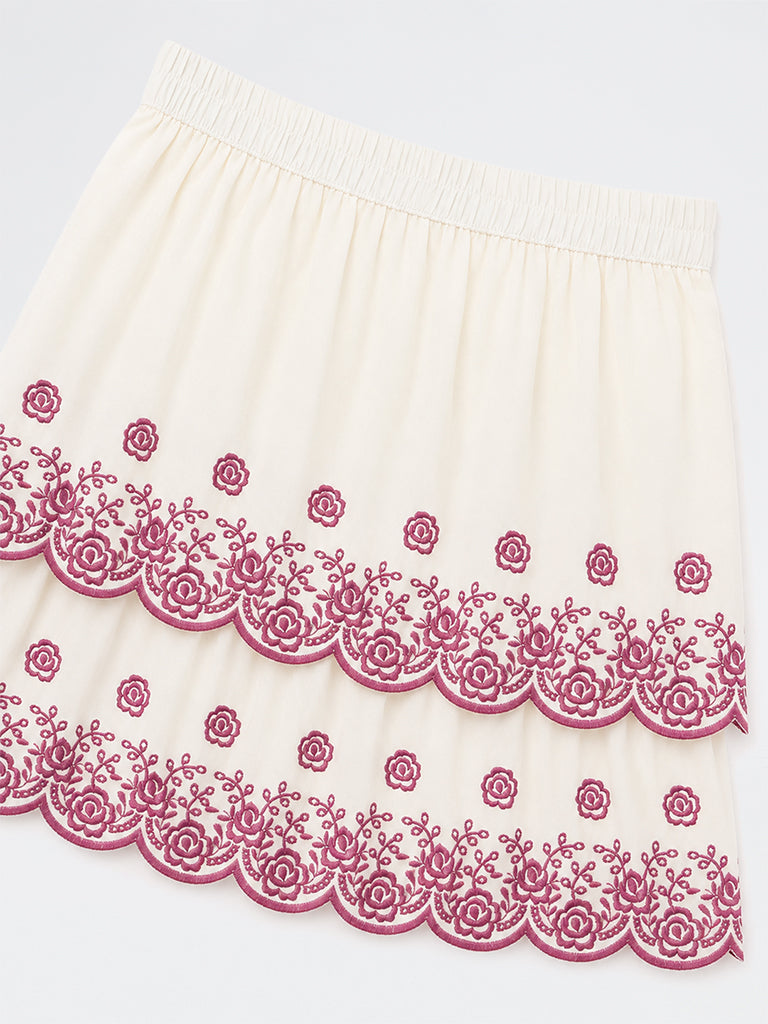 Utsa Kids Girls Off-White Floral Embroidered Tiered Cotton Skirt - (8 -14 yrs)