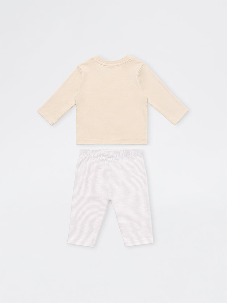 HOP Baby Boys Light Beige Animal Embroidered Cotton T-Shirt and Pants Set