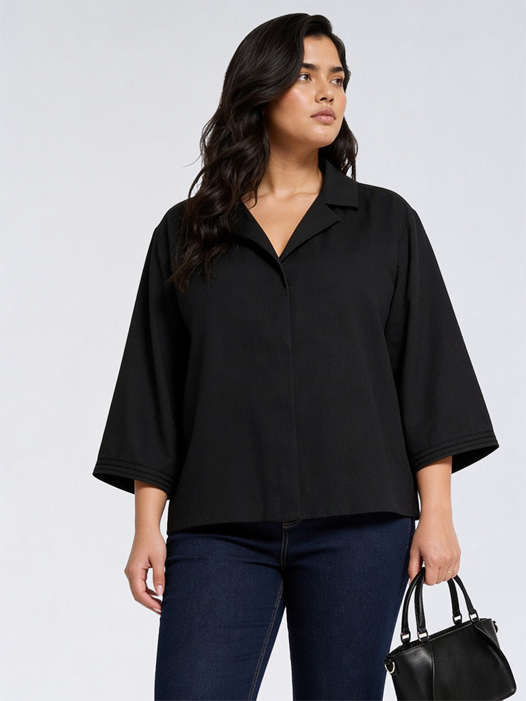 Gia Black Solid Linen-Blend Blouse