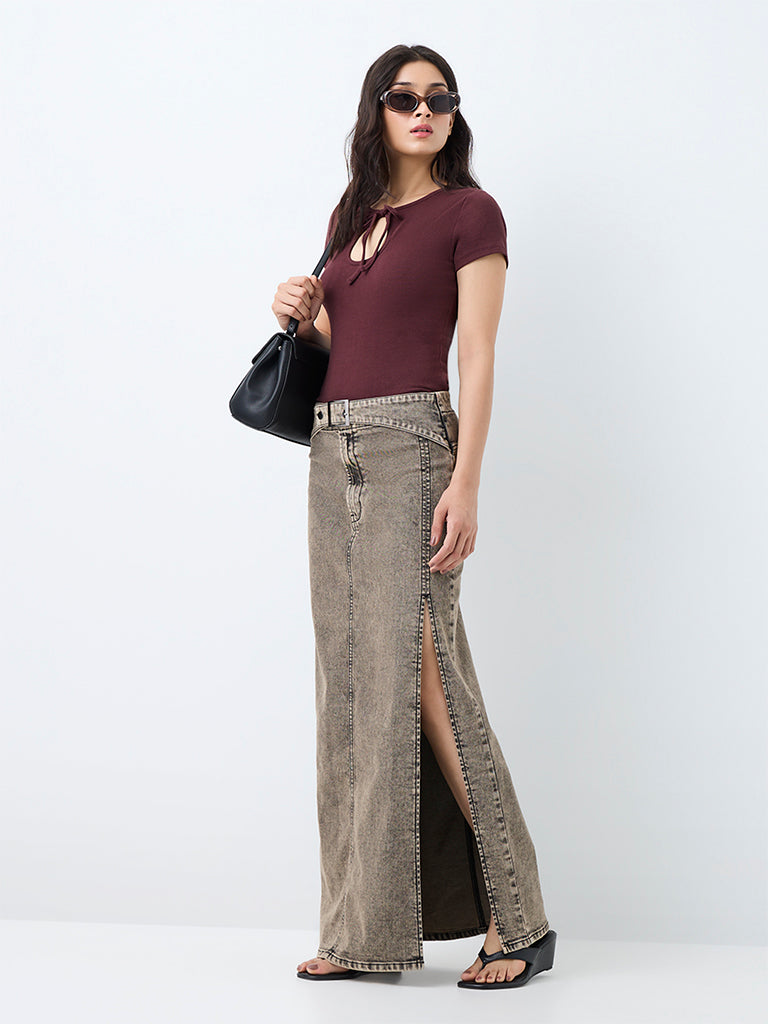 Nuon Brown Wash High-Waist Denim Skirt with Belt