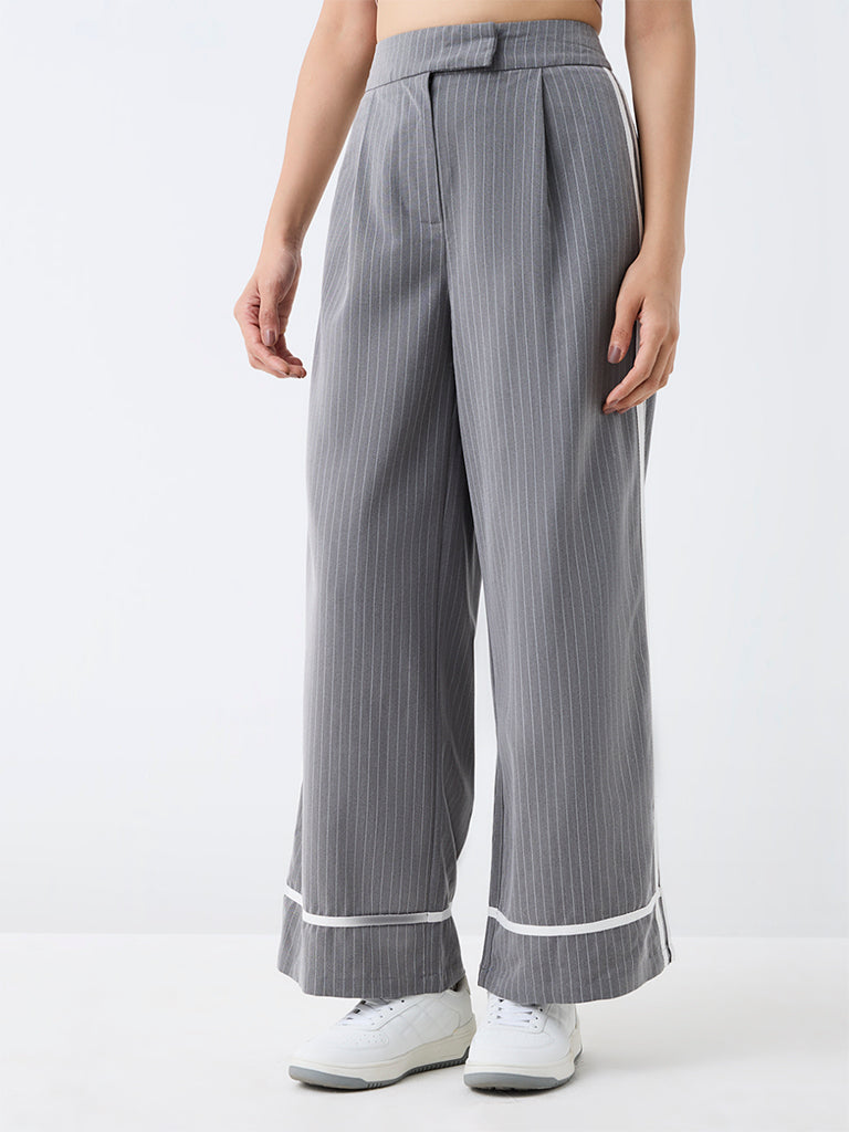 Nuon Grey Pinstriped High-Waist Trousers