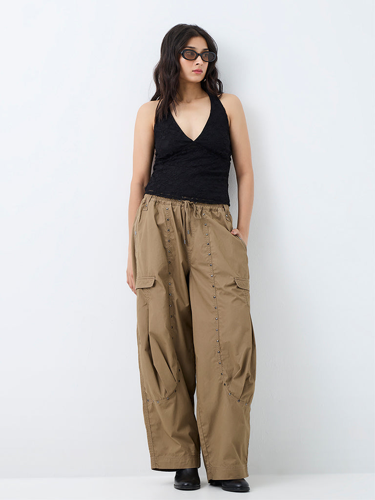 Nuon Khaki Stud-Detail High-Waist Barrel-Fit Cotton Cargo Pants