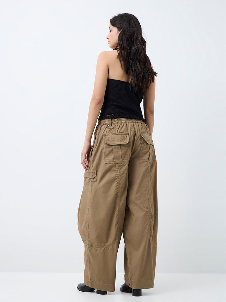 Nuon Khaki Stud-Detail High-Waist Barrel-Fit Cotton Cargo Pants