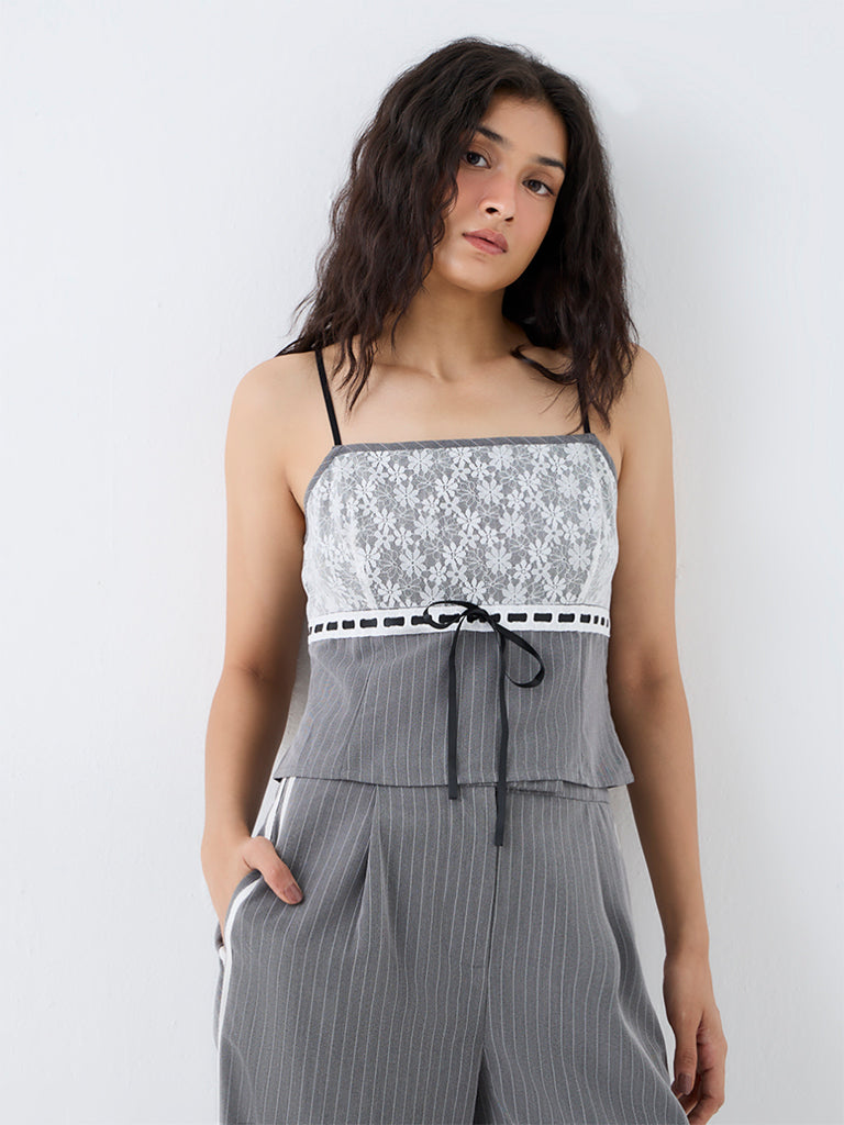 Nuon Grey Floral Lace Tie-Up Detail Top