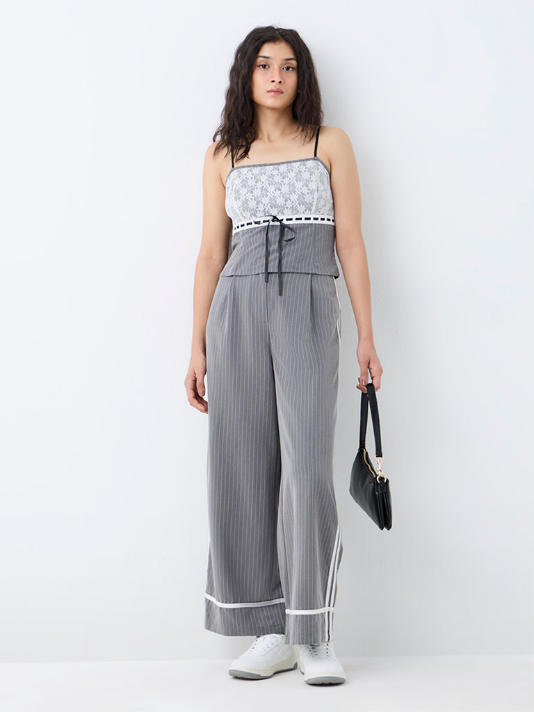 Nuon Grey Floral Lace Tie-Up Detail Top