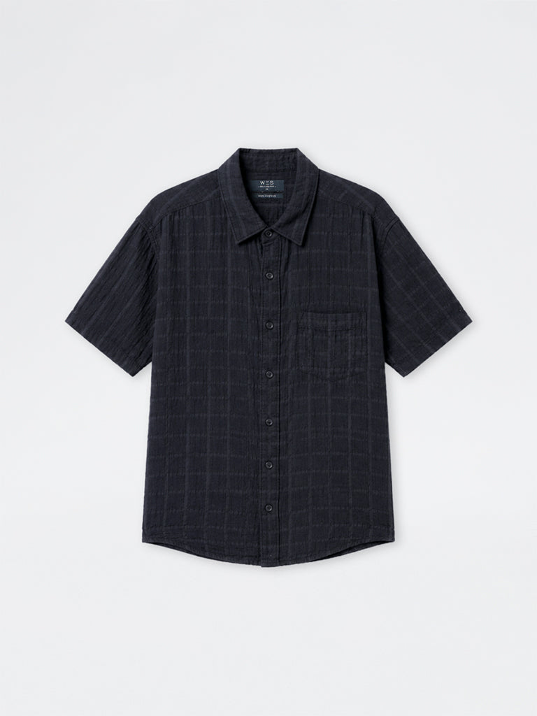 WES Casuals Black Checkered Relaxed-Fit Cotton-Blend Shirt