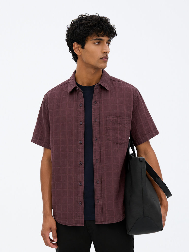 WES Casuals Brown Checkered Relaxed-Fit Shirt
