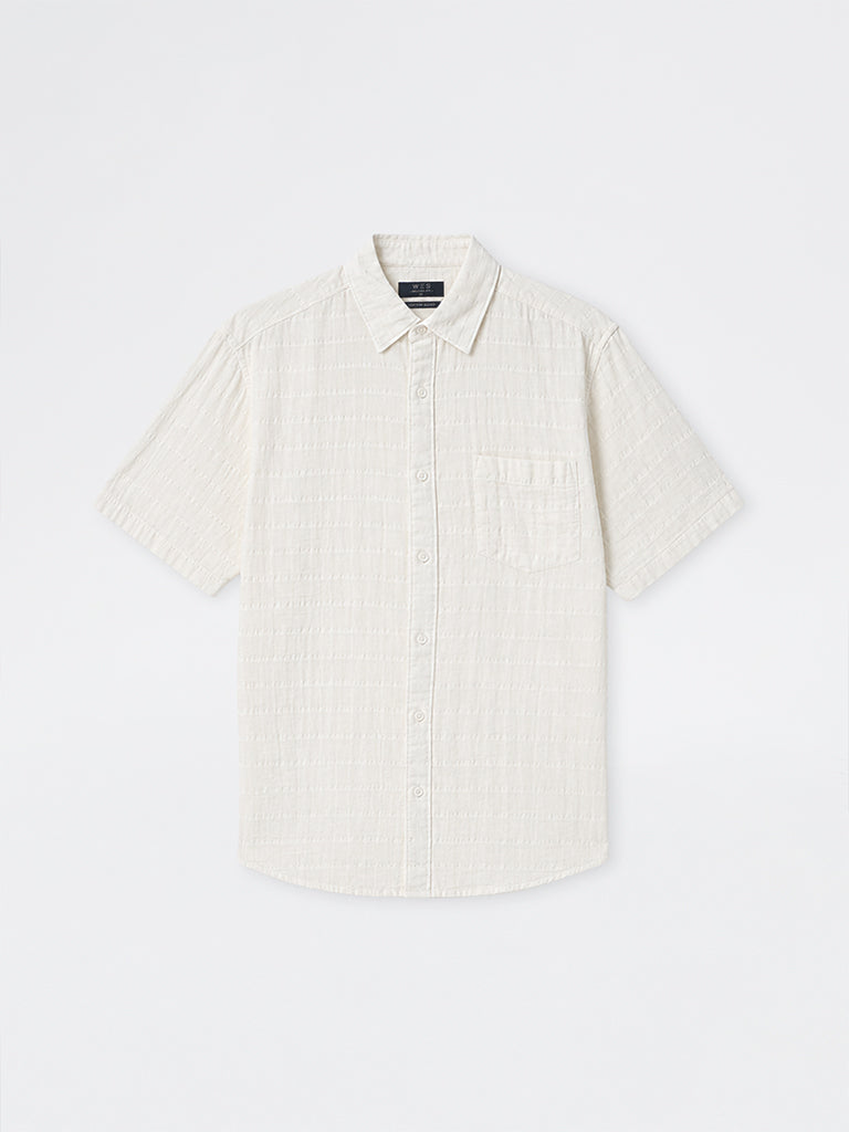 WES Casuals Off-White Textured Relaxed-Fit Cotton Shirt