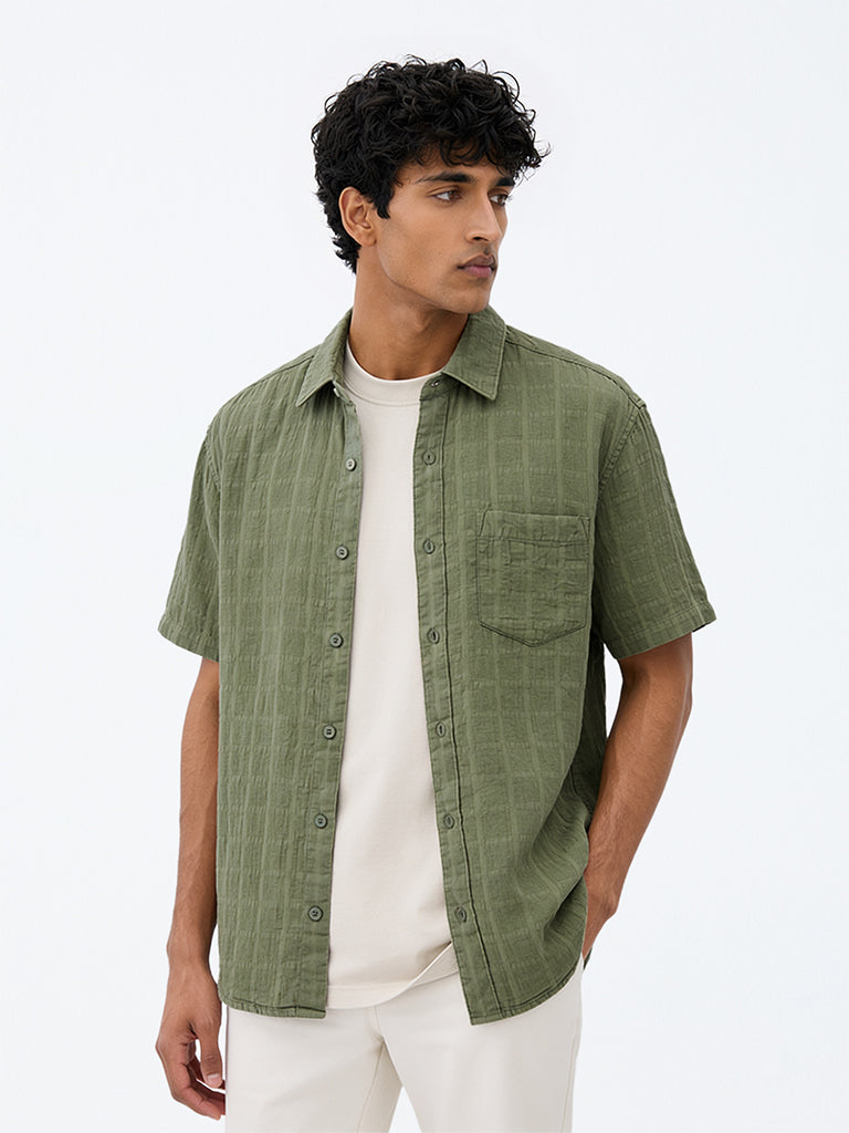 WES Casuals Green Textured Relaxed-Fit Cotton Shirt