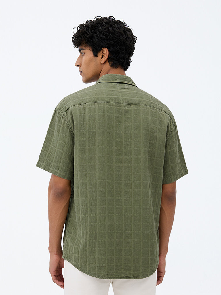 WES Casuals Green Textured Relaxed-Fit Cotton Shirt