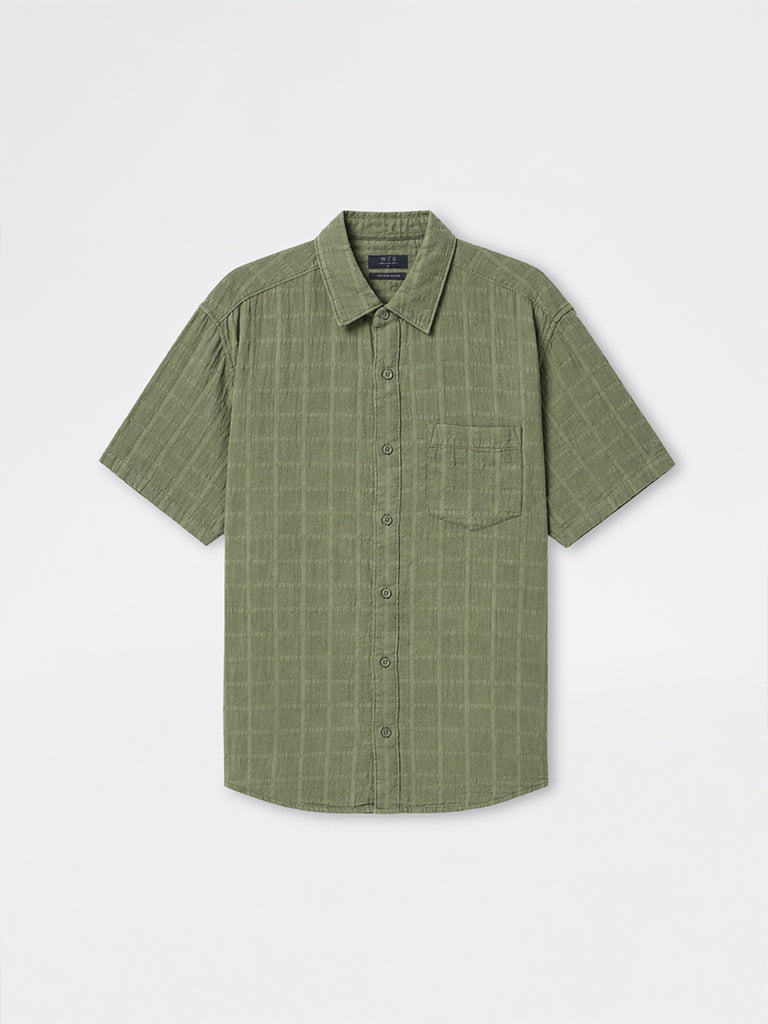 WES Casuals Green Textured Relaxed-Fit Cotton Shirt