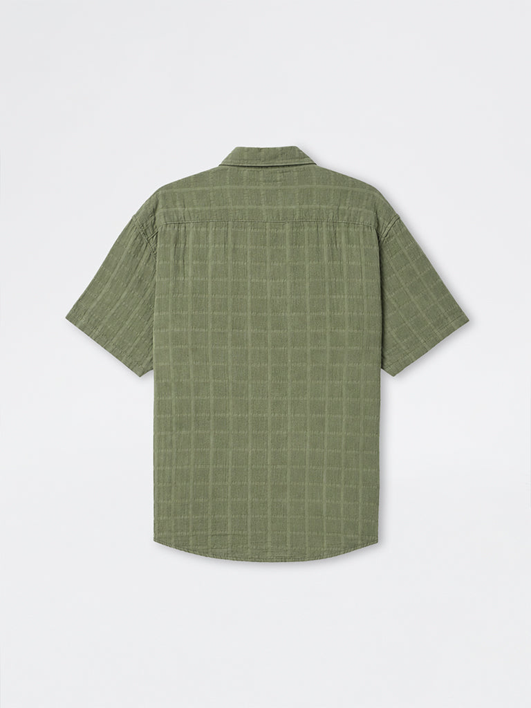 WES Casuals Green Textured Relaxed-Fit Cotton Shirt