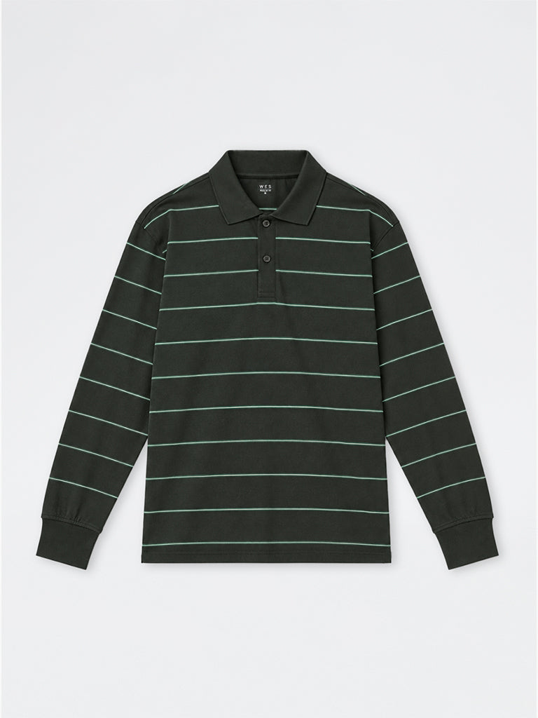 WES Casuals Green Striped Relaxed-Fit Cotton-Blend Polo T-Shirt